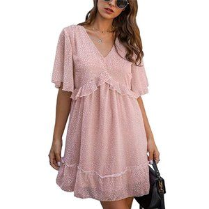 Summer Women’s Floral Ruffle Hem Mini Dress Short Sleeves V Neck High Waist XXL